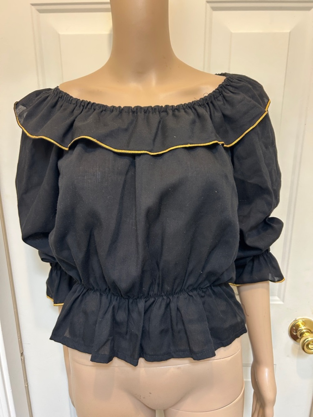 Vintage 70’s 80’s Off-Shoulder Black Peasant Top with Gold Trim
